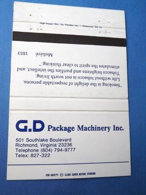 G.D PACKAGE MACHINERY RICHMOND VIRGINIA MATCHBOOK LIFE WITHOUT TOBACCO NOT WORTH