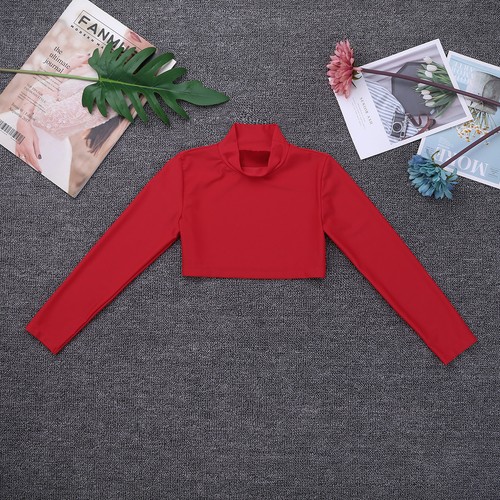 Girls Stretch Long Sleeve Crop Top Dance Gymnastics Turtleneck Blouse Shirt Tops - Picture 4 of 59