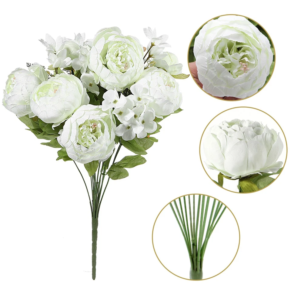 EZFLOWERY Artificial Peonía Seda Arreglo Flores Ramo para Boda - Blanco Foto 2 de 4