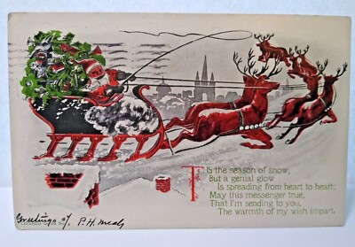 Santa Claus Christmas Postcard Riding Sled & Reindeer Troy New York 1909 Serie 9