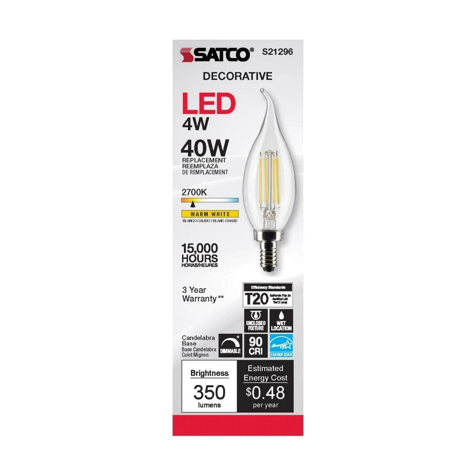 Satco S21296 - 4 Watt CA10 LED E12 Clear Bulbs - 2700K (2, 6 or 24 Pack) - Image 2 of 4