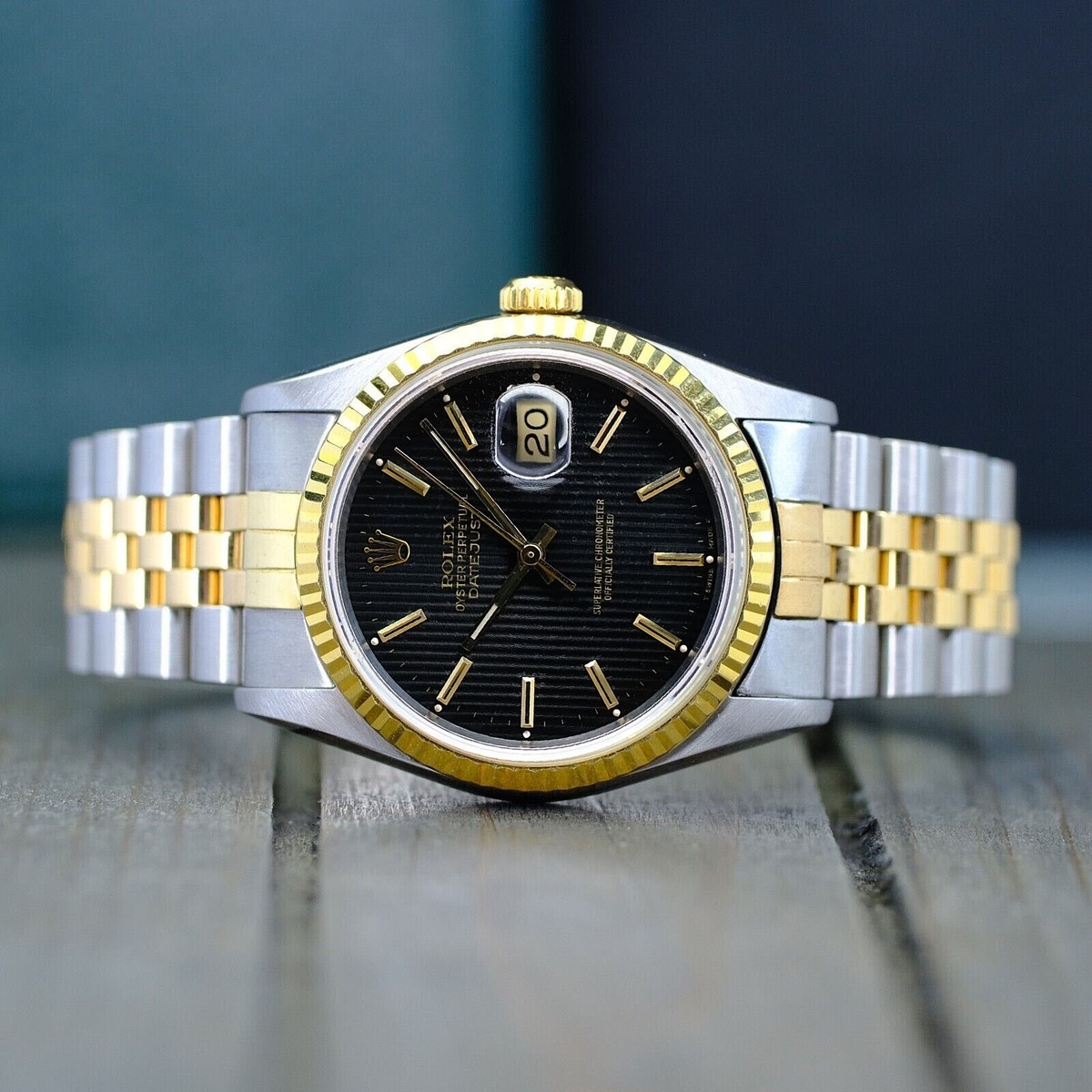 Rolex Men's Datejust Watch Gold & Steel Black Tapestry Dial Fluted