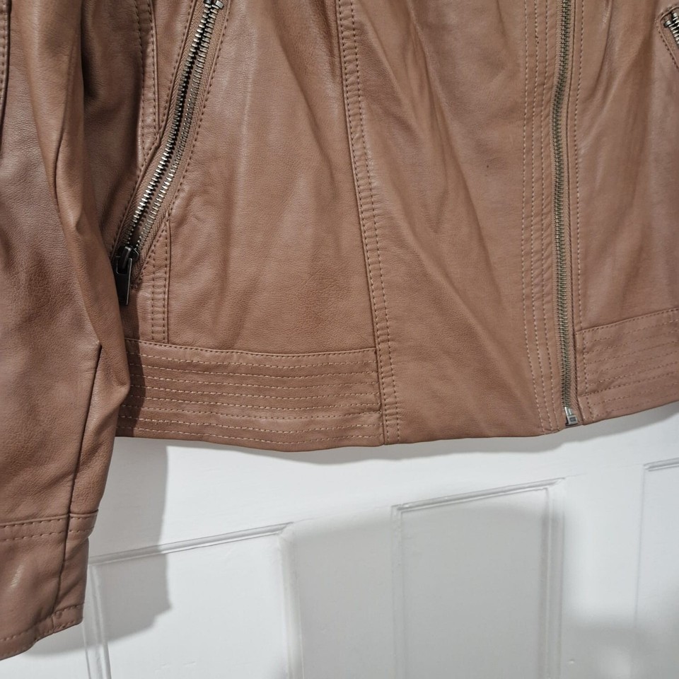 Womens Tu Light Brown Faux Leather Biker Jacket CoatSize Uk 16 Zip Up