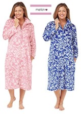 Ladies CLASSIC SOFT RIBBED Fleece Floral with Zip DRESSING GOWN pink Navy 38105