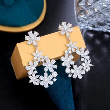 White Gold Plated Cubic Zirconia 925 Sterlings Silver Cute Flower Drop Earrings