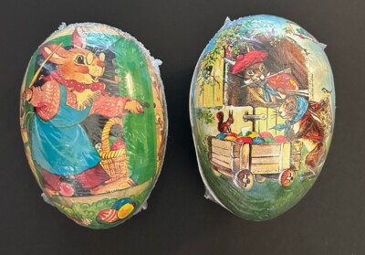 2 Paper Mache Easter Egg Candy Containers Germany? Bunny w/ Paint Brushes 6'' NOS