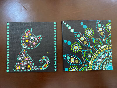 OOAK Hand Painted Teal Green Dot Art Mandala Cat & Abstract Canvas 4  Square