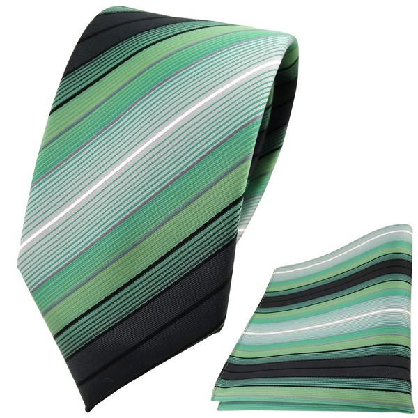 Schmale Tigertie Krawatte + Einstecktuch In Mint GrüN Anthrazit Silber Gestreift-image