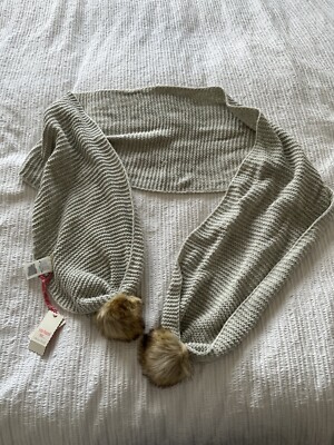 White Stuff BNWT Grey Knit Scarf Pom Pom Ends Merino Cotton