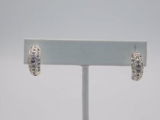 A376-VINTAGE PIERCED EARRINGS SILVER TONE/RHINESTONES HALF HOOP 1/2" X 1/4"