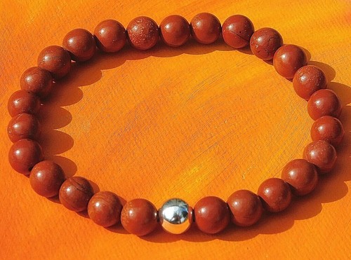 Pulsera con cuentas de plata y piedras preciosas de 8 mm hecha a mano para hombre/damas - jaspe rojo - Imagen 3 de 3