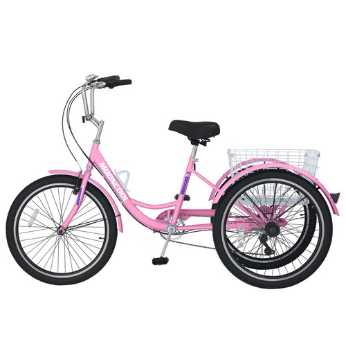 SLSY 24” Pink Tricycle 7-Speed 3-Wheel Bike + Basket Pedicab US For Women Girl - Picture 8 of 12