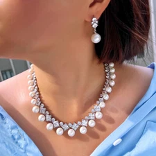 Luxury Silver Plated Pearl Tennis Necklace Earrings CZ Zircon Bridal Jewelry Set