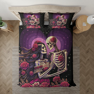 Valentine's Day Skull Couple Bedding Set, Romantic Skeleton Couple Bed Set