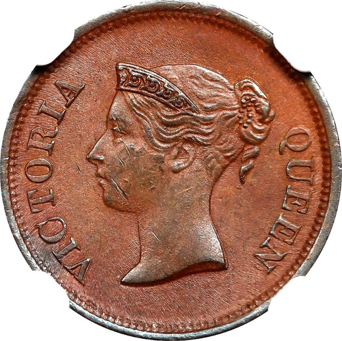 1845 STRAITS SETTLEMENTS VICTORIA COPPER 1/4 CENT NGC MS62 BROWN KM-1