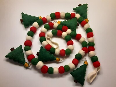 PEPPERMINT SQUARE 5'' Christmas Tree Large Pom Poms Wool Felt 6FT Mantel Garland