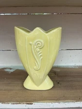 Vintage Yellow Fredericksburg Art Pottery Vase W/Fiddle Head Fern Motif
