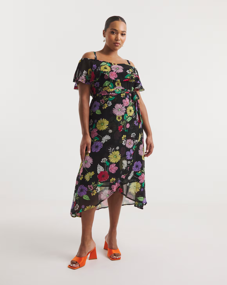 Simply Be Black Floral Bardot Georgette Midi Dress UK 22 RRP