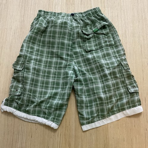 EXIST Supreme Swim Board Trunk Shorts Mens Large Plaid Green White Cargo Sm Flaw - Picture 5 of 6