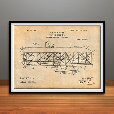 1906 Wright Flying Machine Patent Print Art Drawing Poster