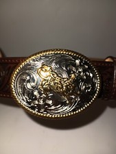 3D Leather Western Belt Size 28 Silver Gold Bull Rider Buckle Longhorn