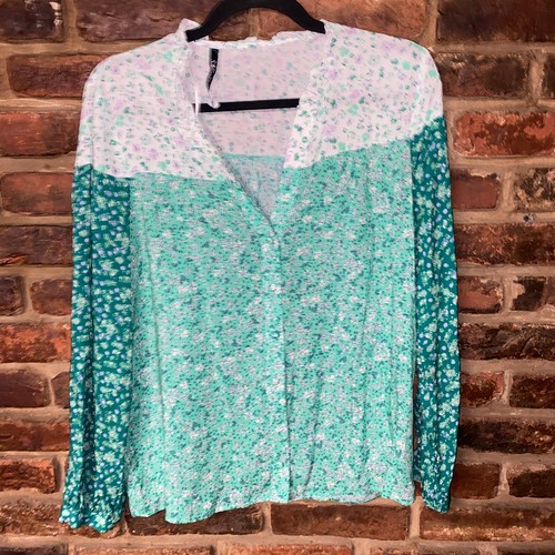 Zara Green Floral Flower Color Block Long Sleeve Button Up Top Women's Medium