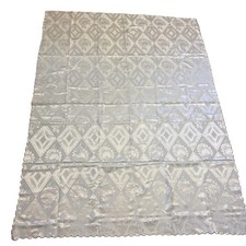 Vintage Damask Tablecloth White Ivory Floral Diamond Jacquard Scalloped Edge