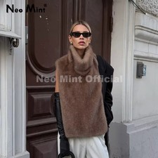 Neo Mint 2025 Brand Fashion Faux Fur Sable Vest Crop Top Turtleneck Eco Mink Fur