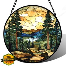 GEFOS Stained Glass Suncatcher Forest Lake Sunset 7.8"