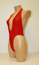 Women Thong One-piece Leotard 203-07 Deep Neckline Open Back Red Spandex Size L