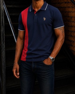 U.S. Polo Assn. Herren Polo M blau/rot Kurzarm Piqué Kragen Knopf Logo bestickt