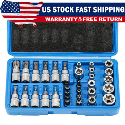 34pcs Torx Star Sockets & Bit Set for Male Female E-torx Security Bits 3/8 Drive