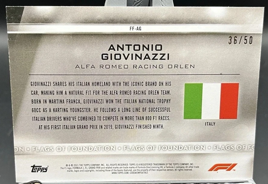 Topps Fórmula 1 2021 Antonio Giovinazzi Banderas de Fundación #FF-AG Oro 36/50 Foto 2 de 2