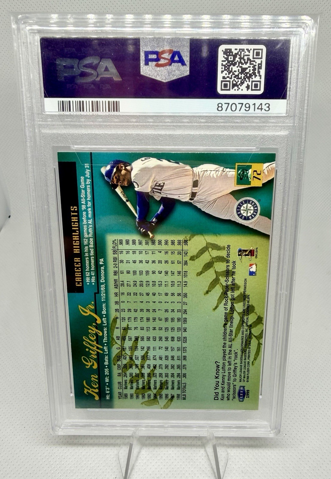 1999 Fleer Ultra Ken Griffey Jr #72 PSA 10 GEM MINT POP 11 RARE view 2
