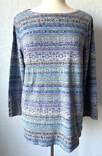 J.Jill XL P Gorgeous Waffle-Knit Floral Buttoned-Sleeve Tunic Top Pockets Pewter - Picture 4 of 18