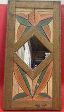 Austin Lath Art Vintage Folk Wood Inlay Floral Mirror 25x12"