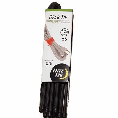 Nite Ize Gear Tie 6-Pack Black 12" Durable Waterproof Reusable Rubber Twist Tie