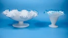 Lot-2 MCM Fenton Silver Crest White Milk Glass Footed Dish Compote Aqua Vase