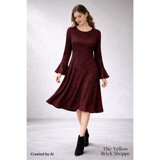 Michael Kors Dark Red & Black Lace Print A-Line Dress Bell Sleeves Size 1X