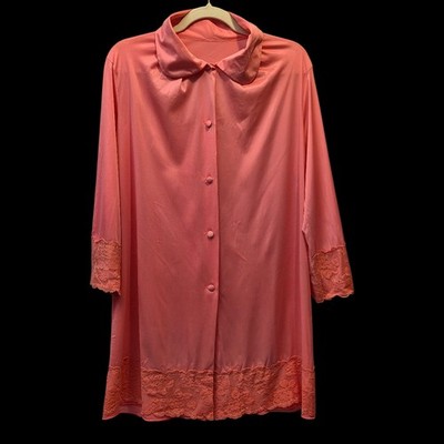 Vtg 60s Henson Kickernick Coral Pink Nylon Robe Housecoat Lace Trim Est. Med/Lrg