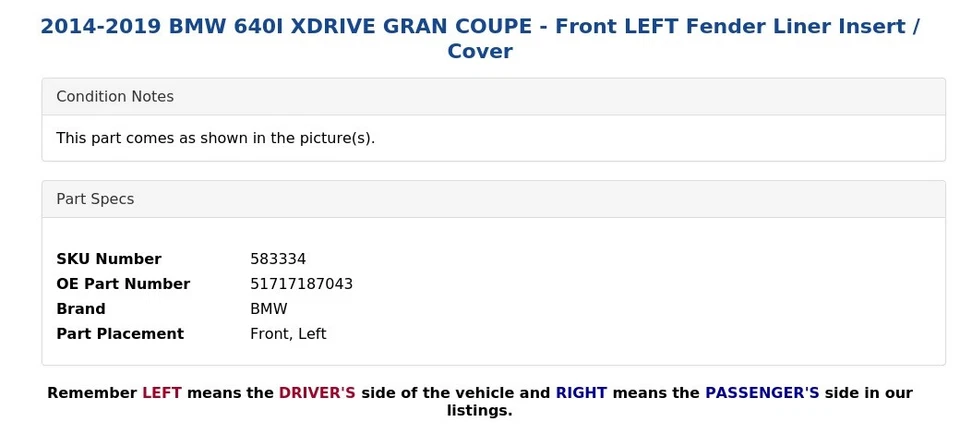 2014-2019 宝马 640I XDRIVE GRAN COUPE - 前左挡泥板衬里插入/保护套 — 第 4/4 张图片