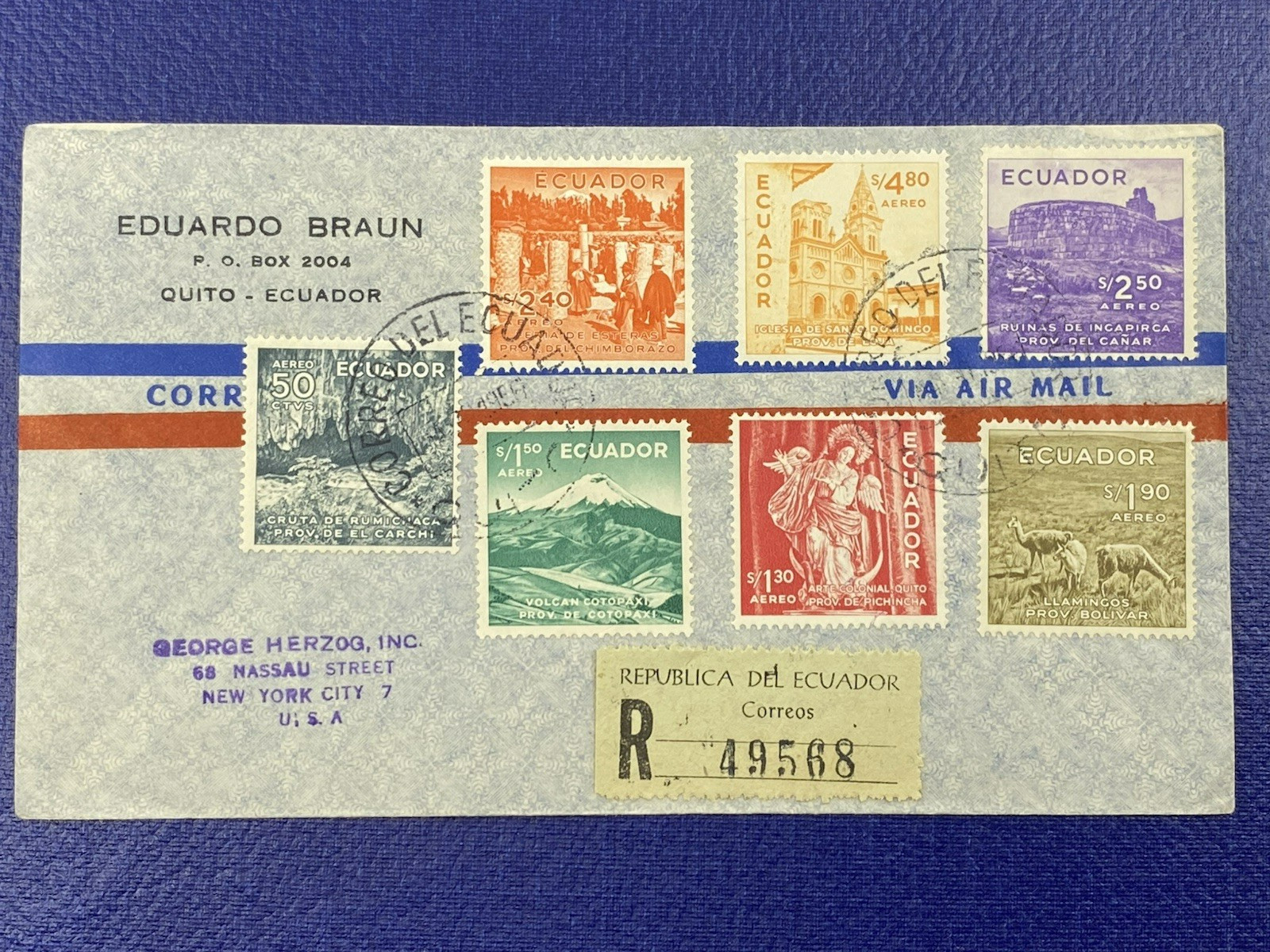 1956 ECUADOR REGISTERED AIRMAIL Quito to 68 Nassau St., New York City.