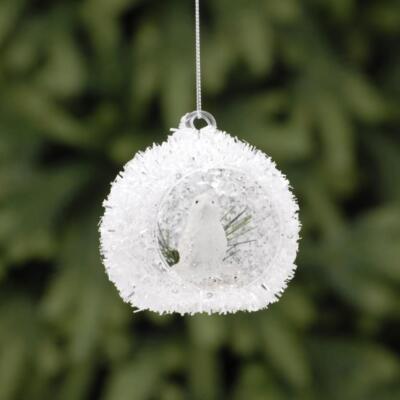 Weiße ausgeschnittene Kugel 8 cm Vogel/Eule Design Christbaumschmuck
