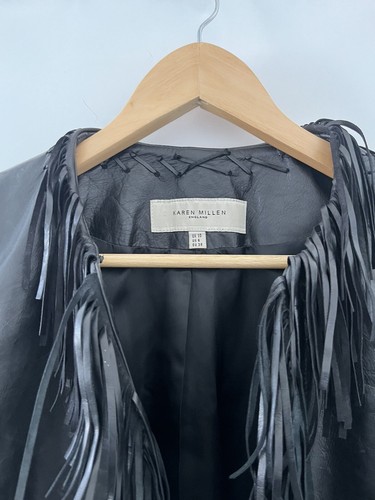 Abrigo Largo Karen Millen Borlas con Flecos Cuero Occidental Reino Unido 10 Negro Boho - Imagen 4 de 17
