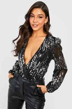 Boohoo Zig Zag Sequin Wrap Bodysuit Size 6 Black Low Cut V-Neck RRP £60