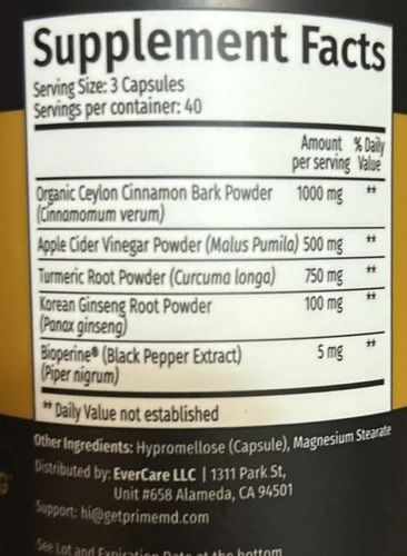 Prime MD Ceylon Cinnamon, Apple Cider Vinegar, Turmeric, Ginseng Root - 120 caps