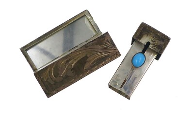 Vintage 800 Silver Hand Carved Turquoise Lipstick Case with Mirror