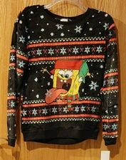 NWT Junior's Spongebob Fuzzy Graphic Sweatshirt sz Small Snowflakes Black -2852
