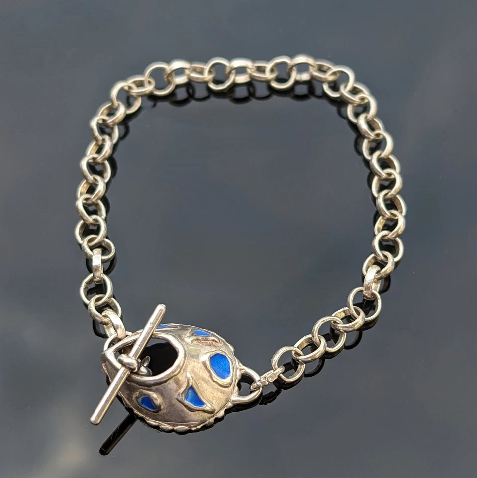 Delicate Sterling Silver Toggle Bracelet Blue Enamel Accents - Image 2 of 4