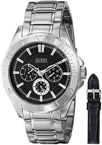 GUESS 2 PC SET SILVER TONE,BLACK+SILVER BANDS,MULTI FUNCTION